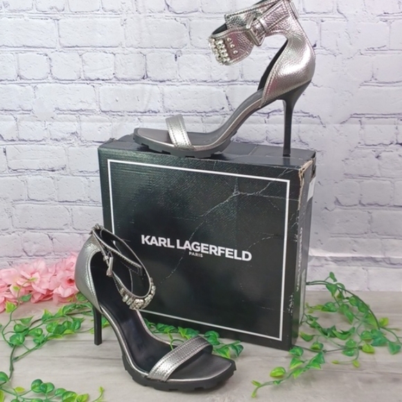 KARL LAGERFELD PARIS Malinda Embellished Ankle-Strap Dress Sandals NIB - Picture 1 of 13